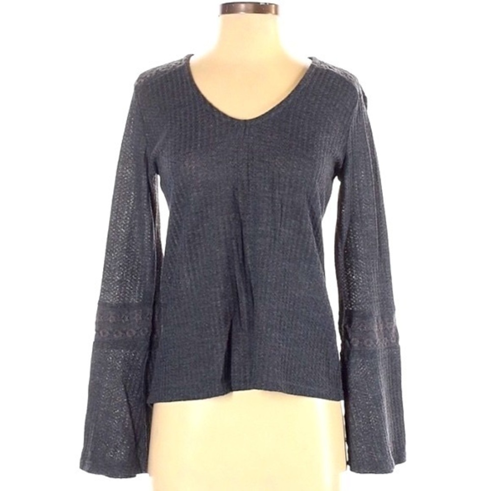 Lucky Brand size S grey w lace accents BOHO long flare sleeve waffle knit top